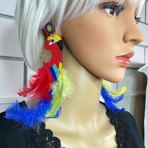 Colorful Bead and Feather Parrot Earrings pierced
